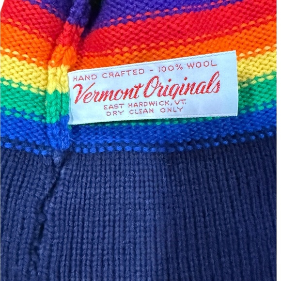 Vtg Retro Vermont Originals 100% Wool Hand Knit Winter Ski Beanie Navy Rainbow - Picture 4 of 5